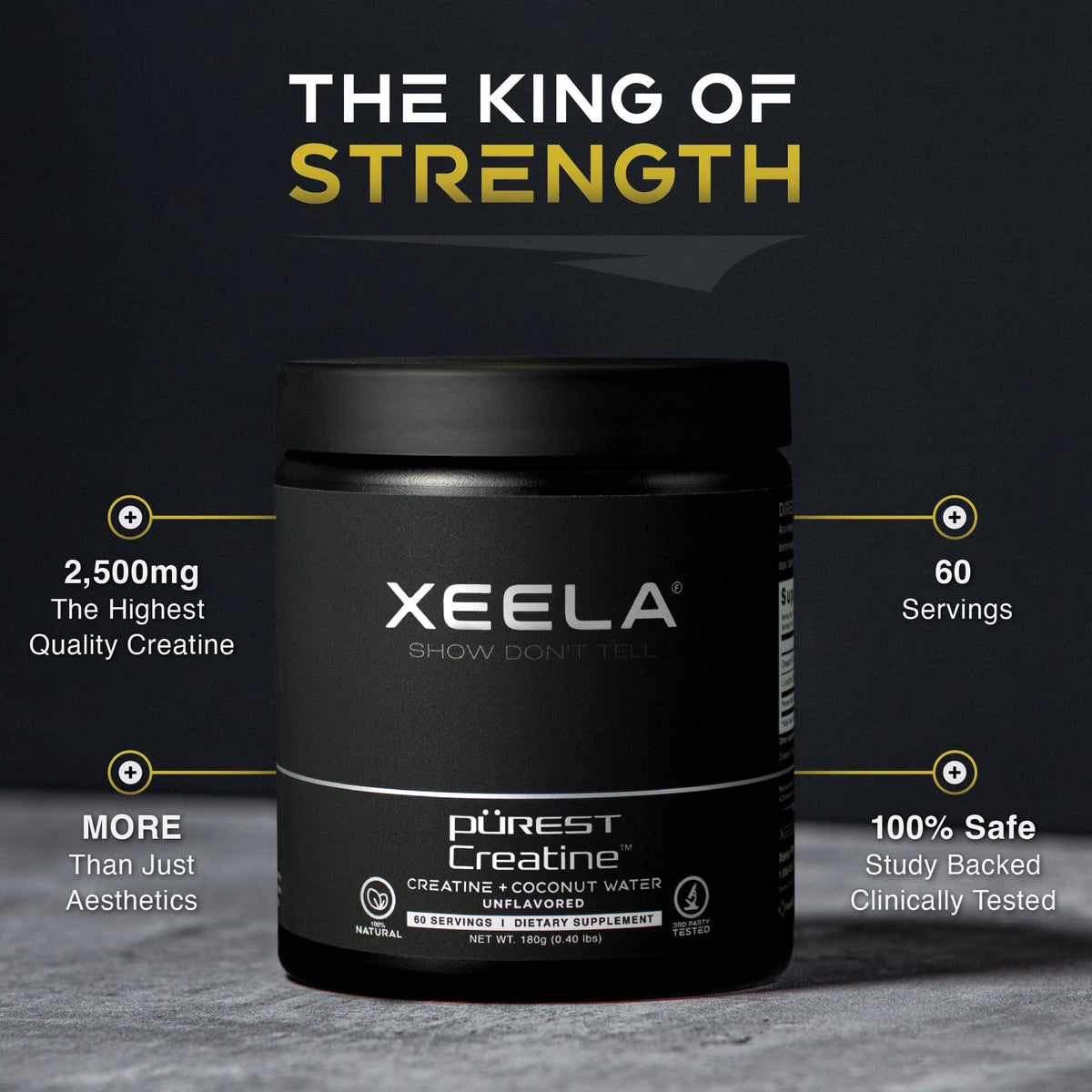 Vue latérale du pot de créatine XEELA 308g