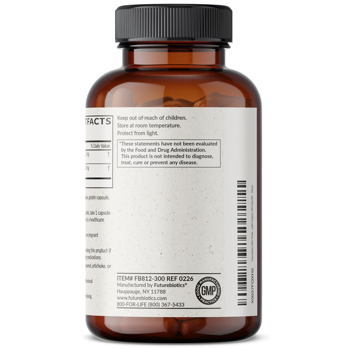 Vue latérale du pot de Futurebiotics avec capsules visibles