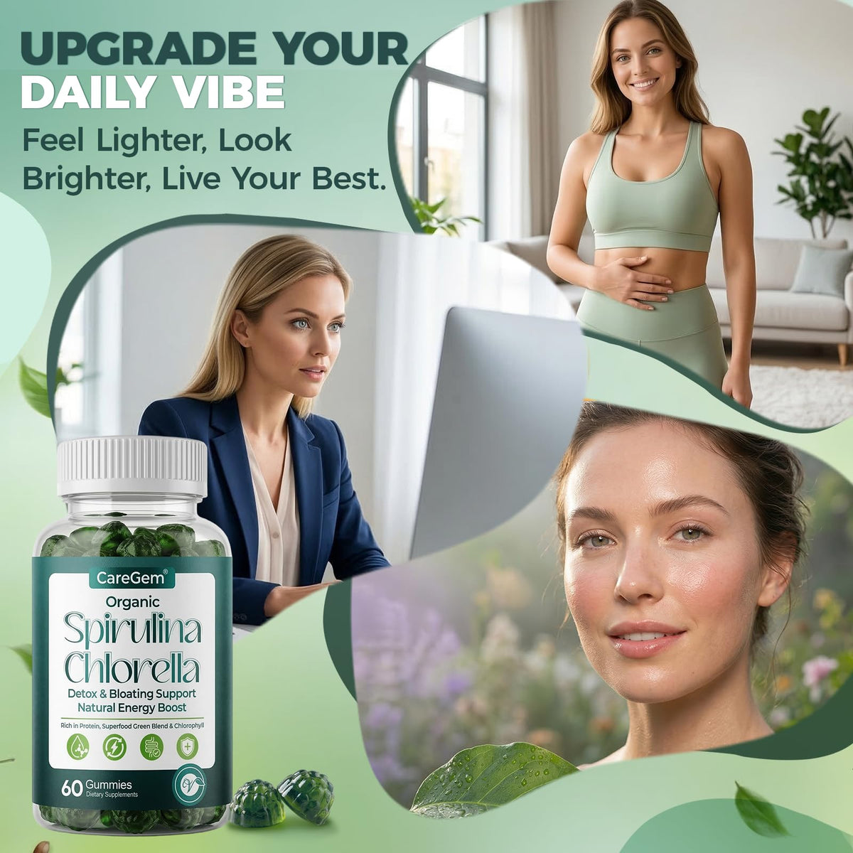 Vue latérale du pot de gummies CareGem Super Greens