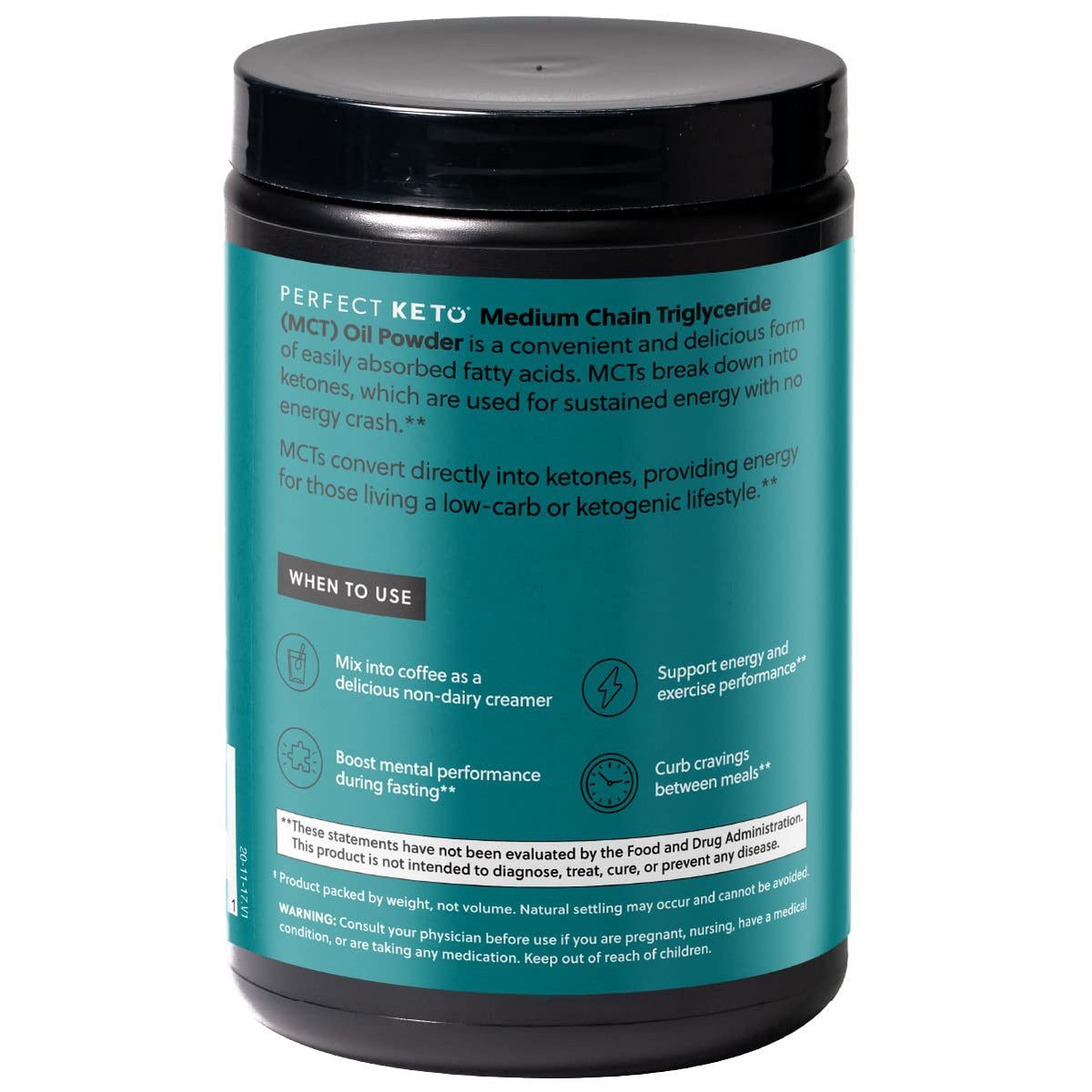 Vue latérale du pot de Poudre d'Huile MCT Perfect Keto