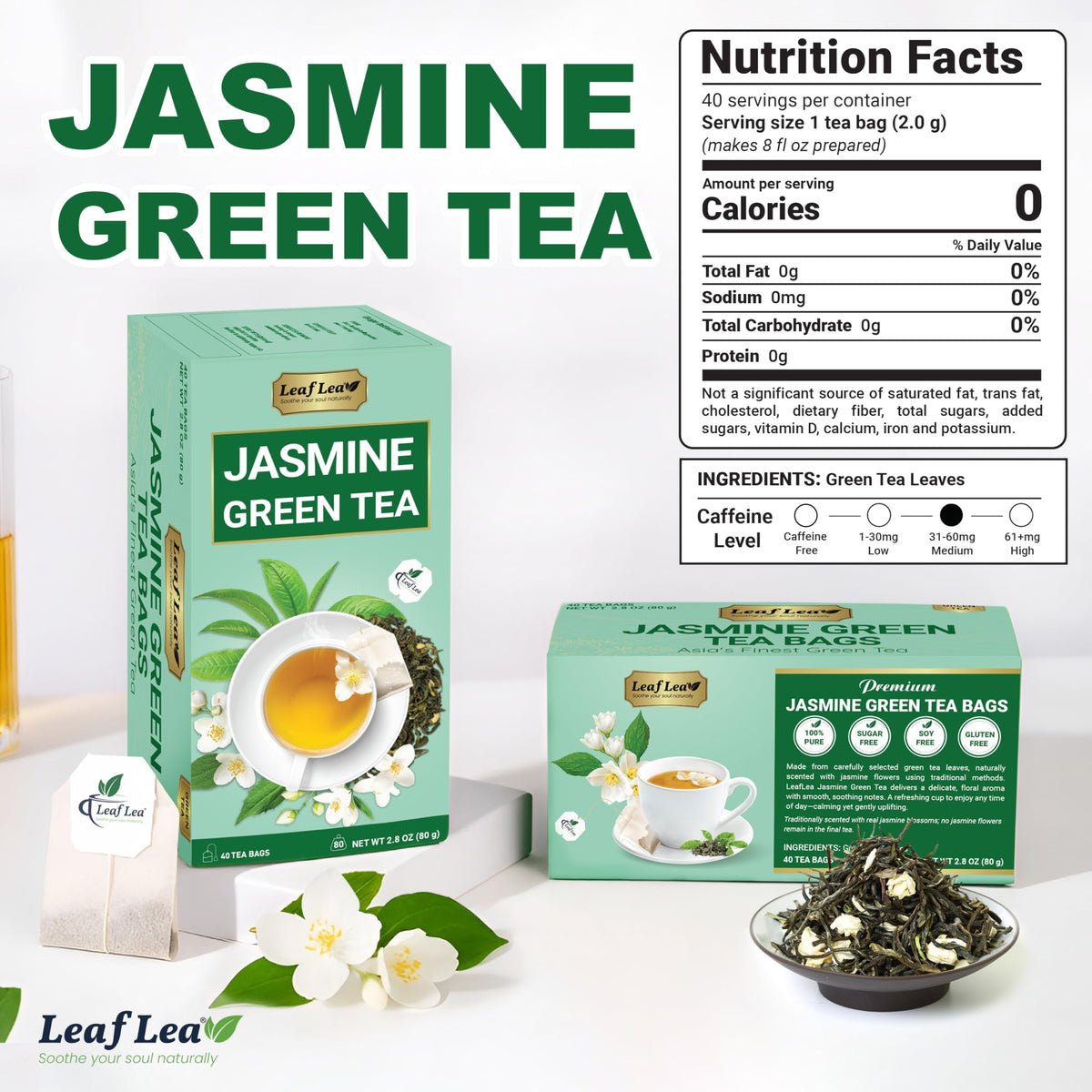 Vue rapprochée d'un sachet de thé vert jasmin LeafLea