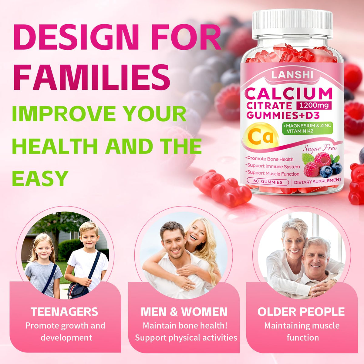 Vue rapprochée d'une gummy Calcium Citrate avec texture visible