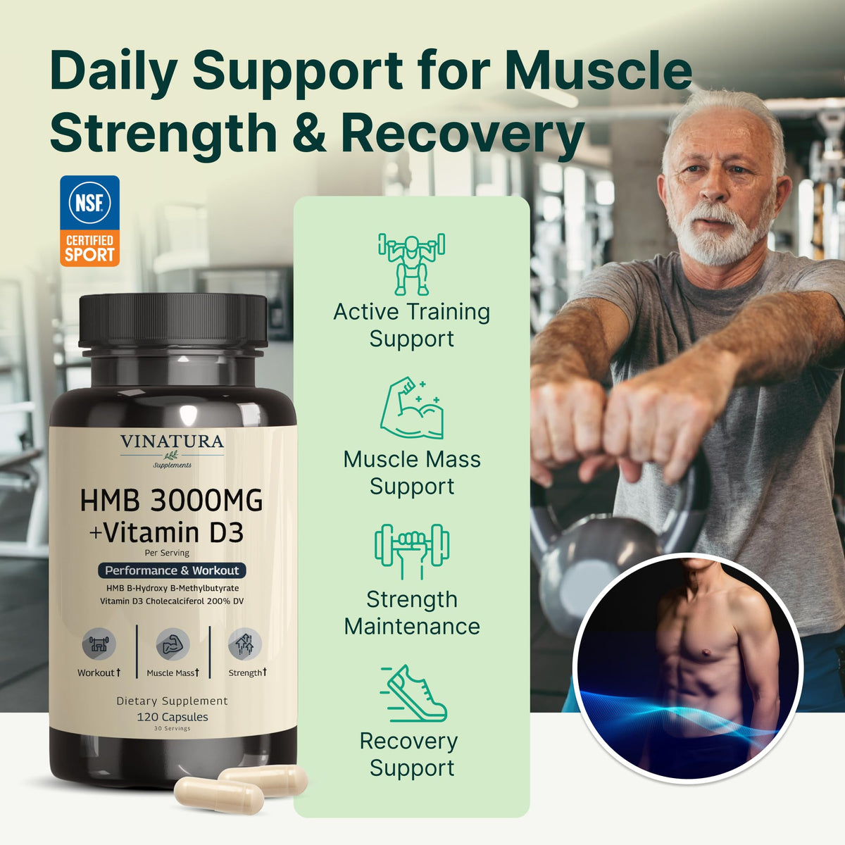 Vue rapprochée de capsules de HMB et Vitamine D3 VINATURA