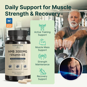 Vue rapprochée de capsules de HMB et Vitamine D3 VINATURA
