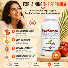 Vue rapprochée de gélules molles Beta-Carotène NEW ROOTS HERBAL