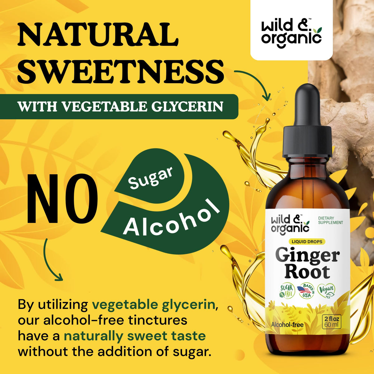 Vue rapprochée de l'étiquette du flacon d'extrait de gingembre Wild & Organic