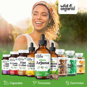 Vue rapprochée de la pipette de l'extrait de racine d'Arjuna Wild & Organic
