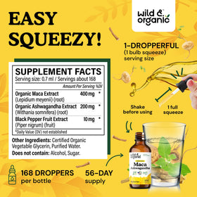 Vue rapprochée de la pipette de Maca et Ashwagandha Wild & Organic