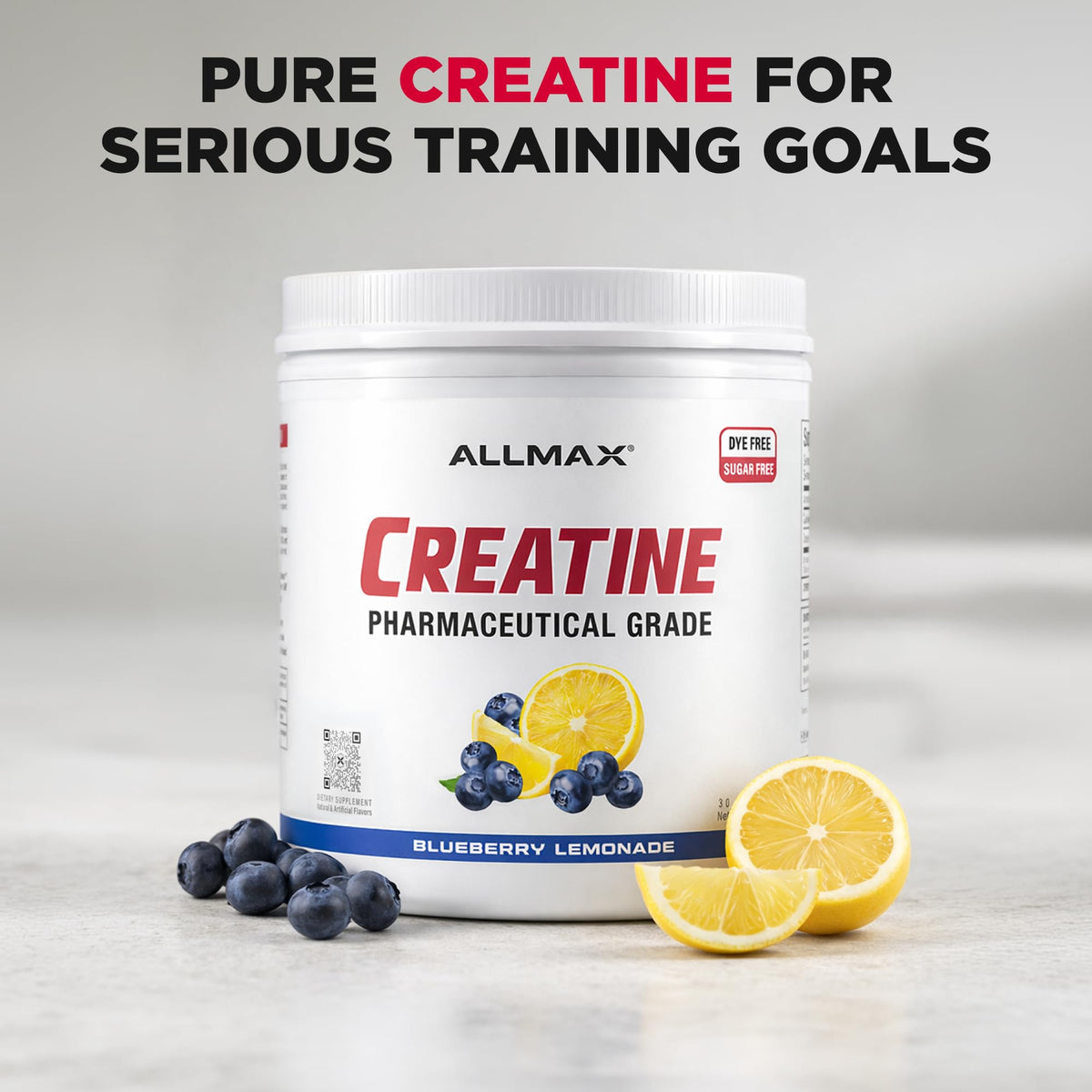 Vue rapprochée de la texture de la poudre de créatine monohydrate ALLMAX