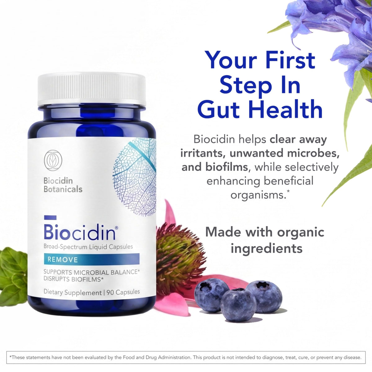 Vue rapprochée des capsules Biocidin avec étiquette