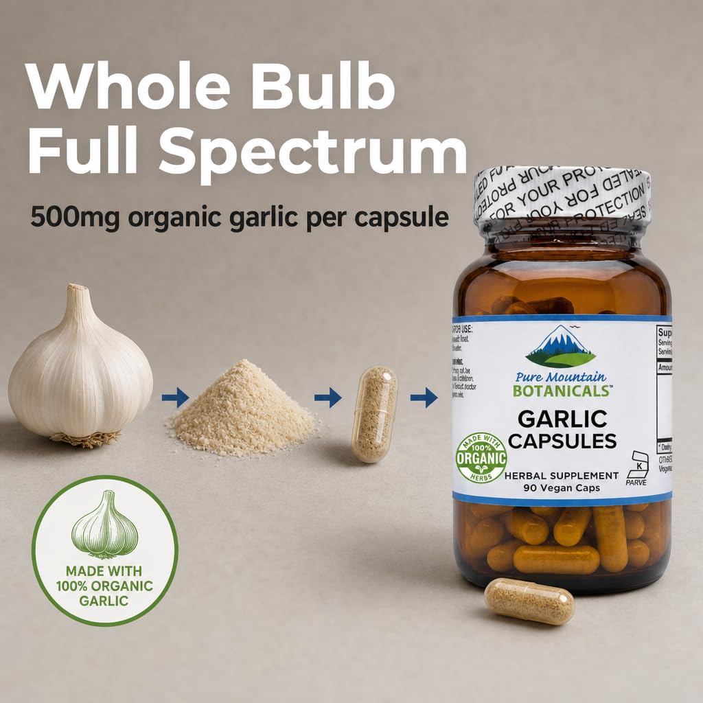 Vue rapprochée des capsules d'ail bio Pure Mountain Botanicals 500mg