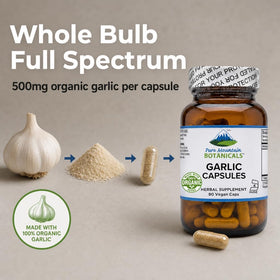 Vue rapprochée des capsules d'ail bio Pure Mountain Botanicals 500mg