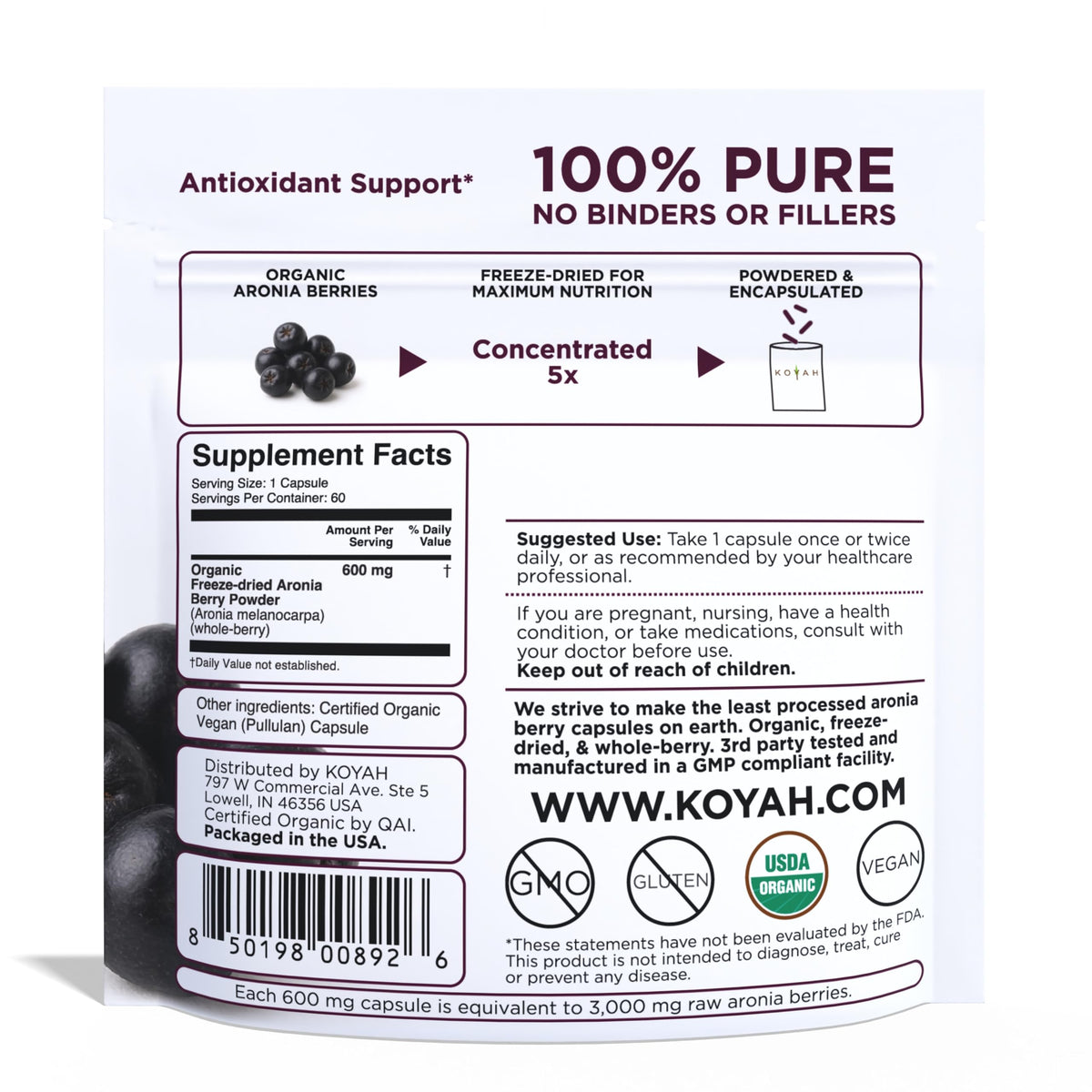 Vue rapprochée des capsules d'aronia KOYAH, couleur marron