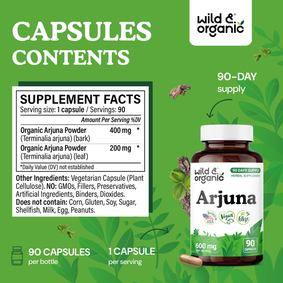 Vue rapprochée des capsules d'écorce d'Arjuna Wild & Organic