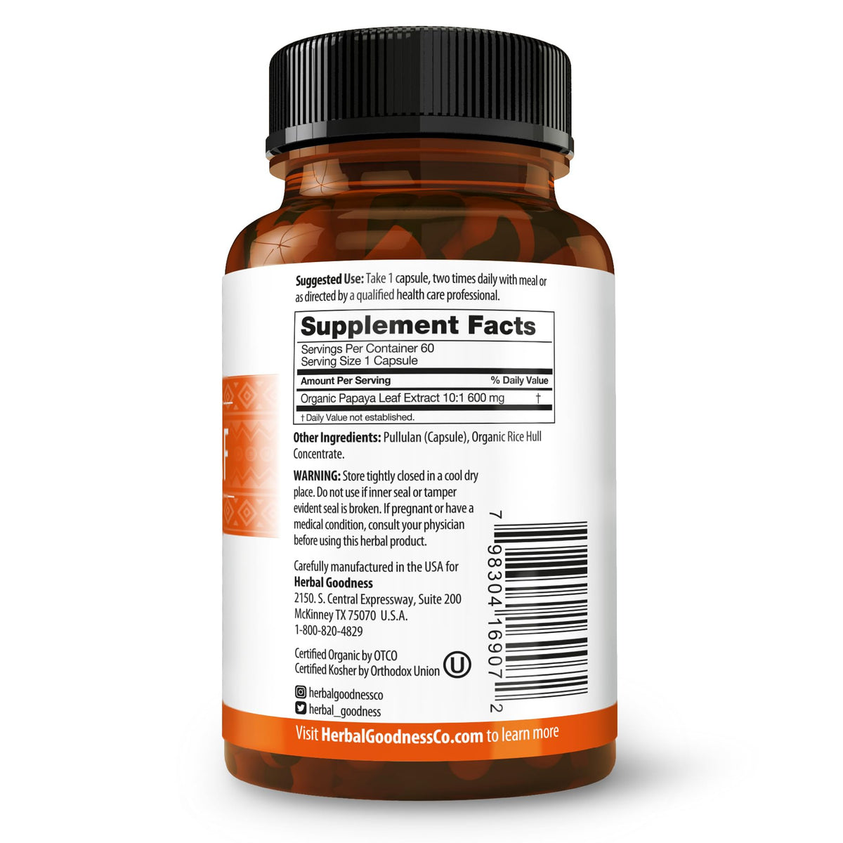 Vue rapprochée des capsules d'extrait de feuille de papaye Herbal Goodness