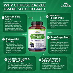 Vue rapprochée des capsules d'extrait de pépins de raisin Zazzee
