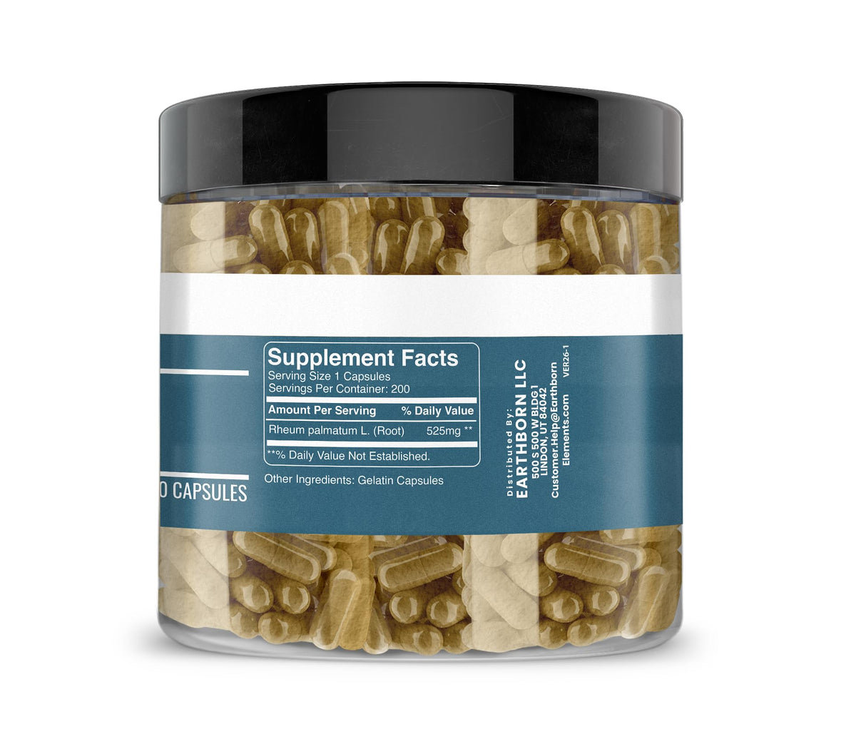 Vue rapprochée des capsules d'extrait de rhubarbe turque Earthborn Elements