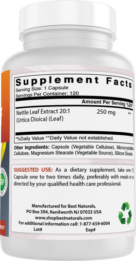 Vue rapprochée des capsules de Best Naturals Extrait d'Ortie