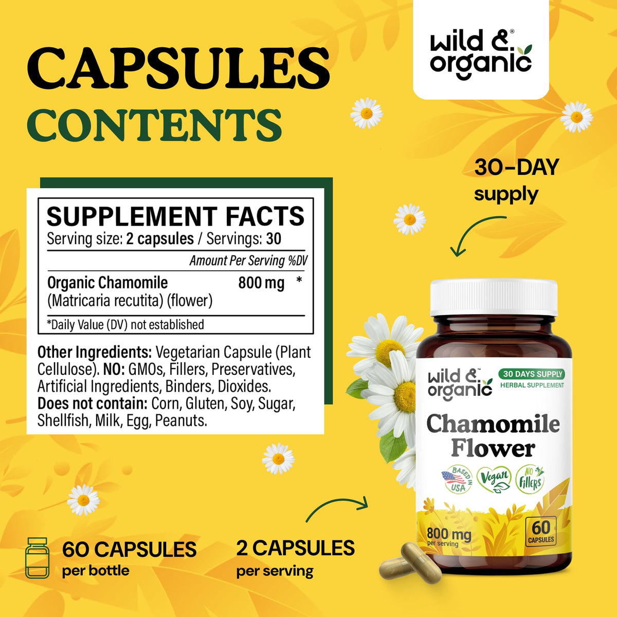 Vue rapprochée des capsules de camomille Wild & Organic