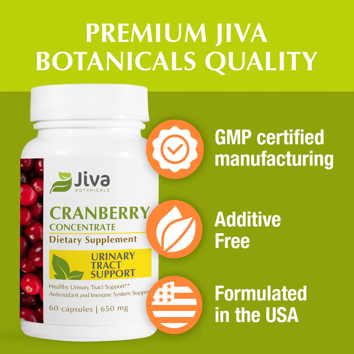 Vue rapprochée des capsules de canneberge Jiva Botanicals