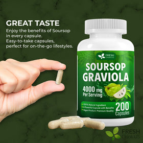 Vue rapprochée des capsules de Graviola FRESHDRINKUS