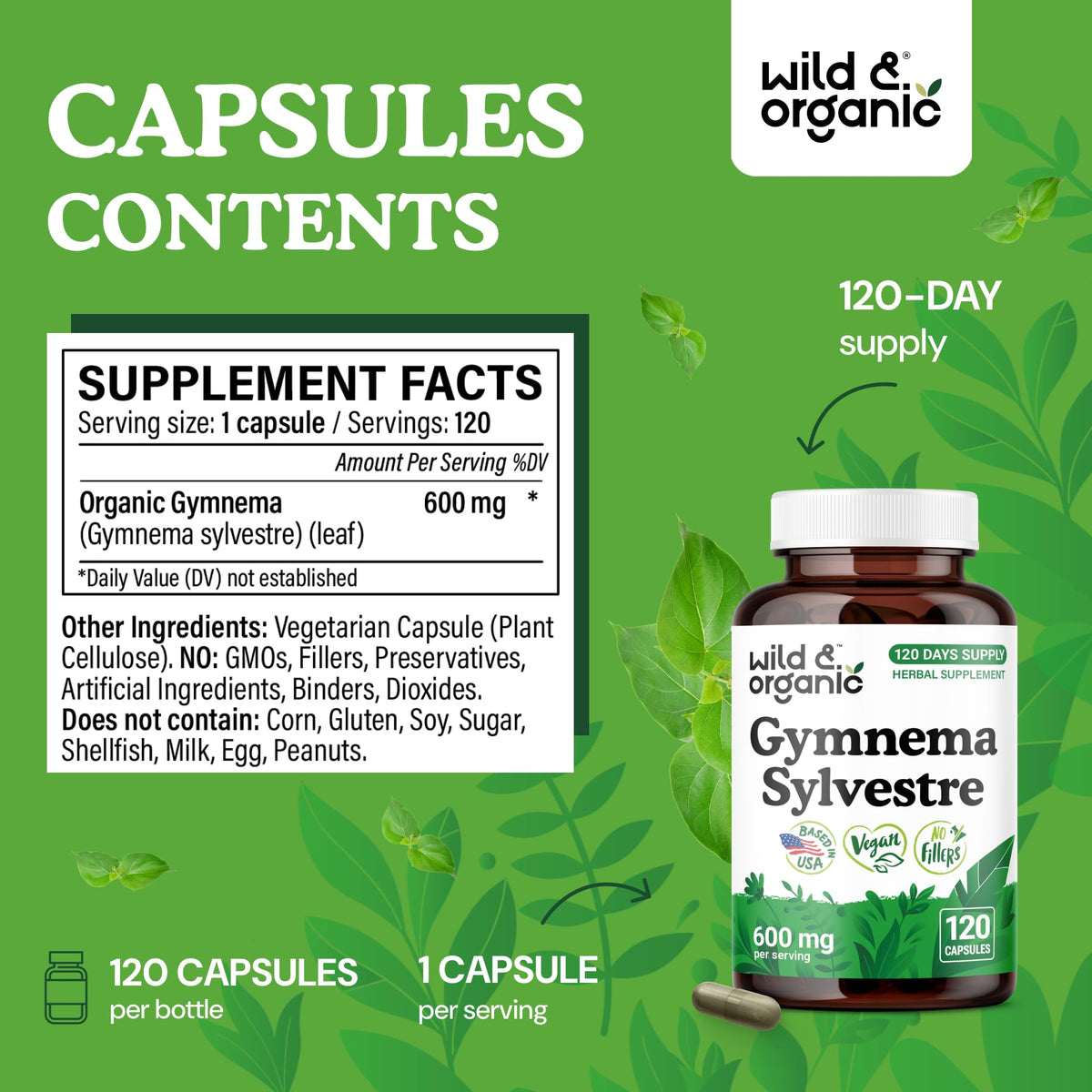 Vue rapprochée des capsules de gymnema sylvestre Wild & Organic