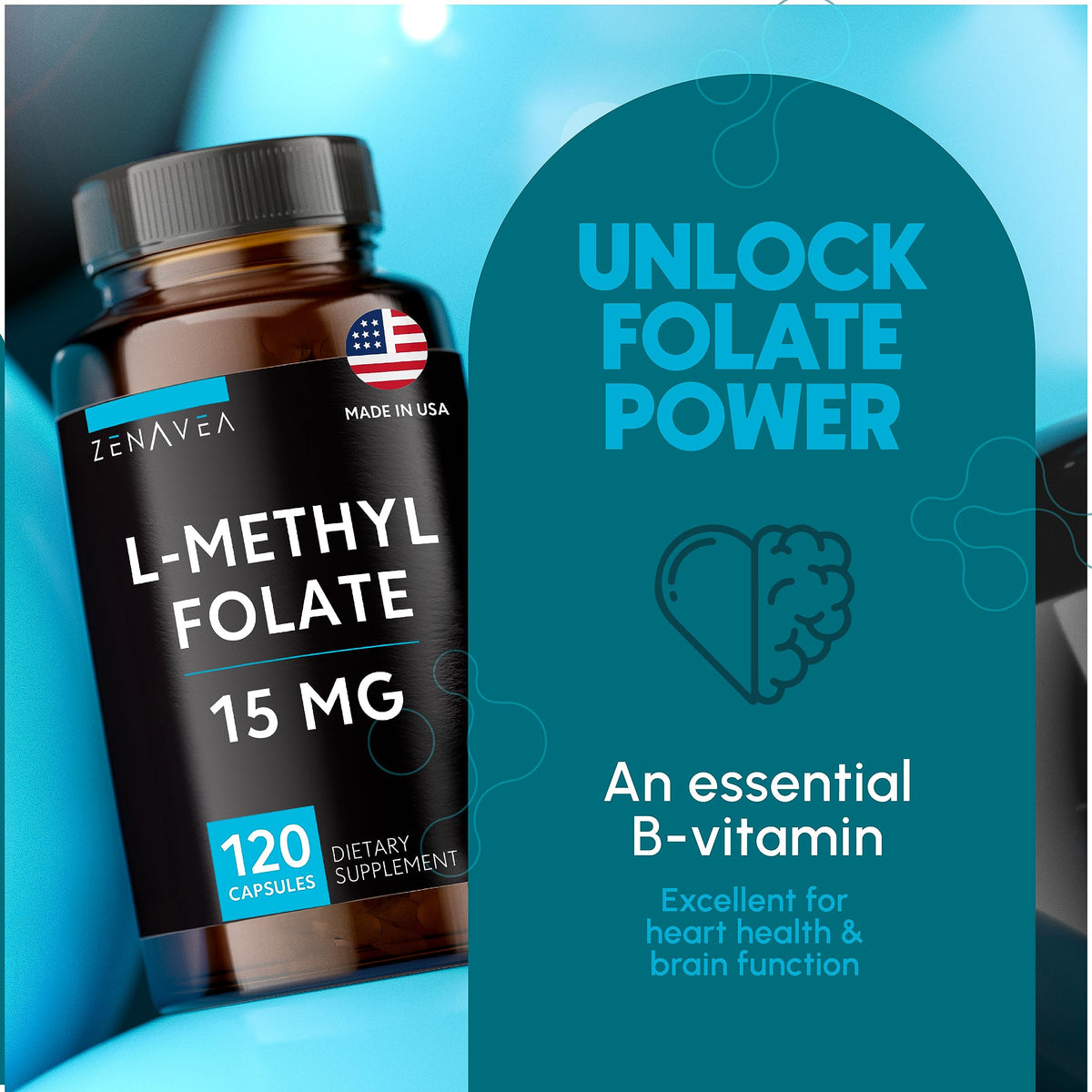 Vue rapprochée des capsules de L-Méthylfolate Zenavea
