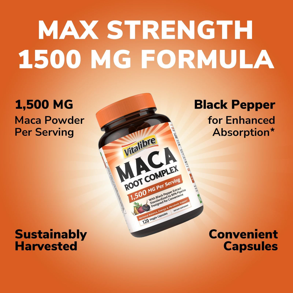 Vue rapprochée des capsules de maca Vitalibre