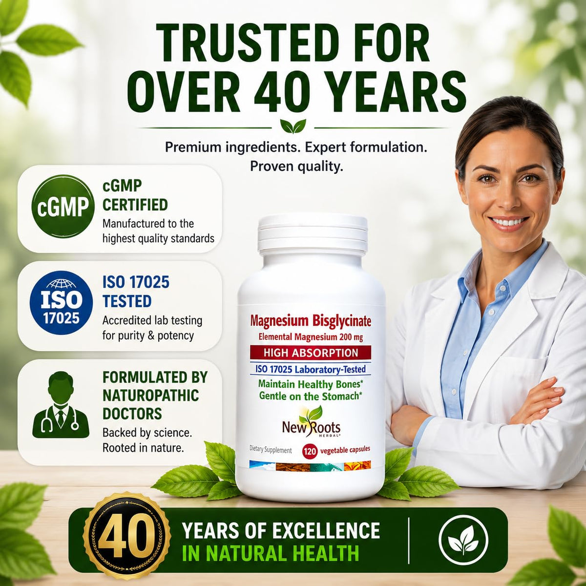 Vue rapprochée des capsules de Magnésium Bisglycinate NEW ROOTS HERBAL