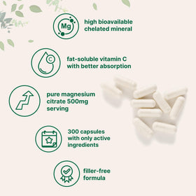 Vue rapprochée des capsules de magnésium citrate Micro Ingredients