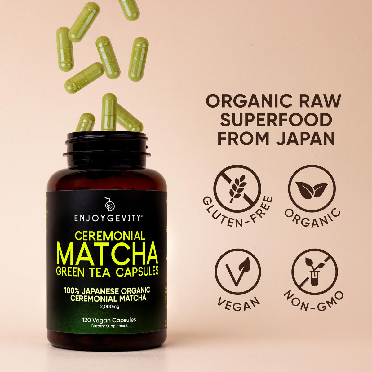 Vue rapprochée des Capsules de Matcha Vert Cérémonial Bio EnjoyGevity