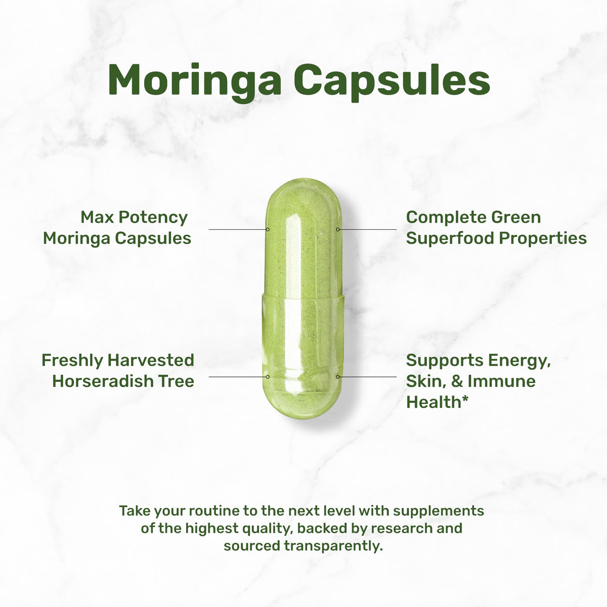 Vue rapprochée des capsules de moringa dans le pot
