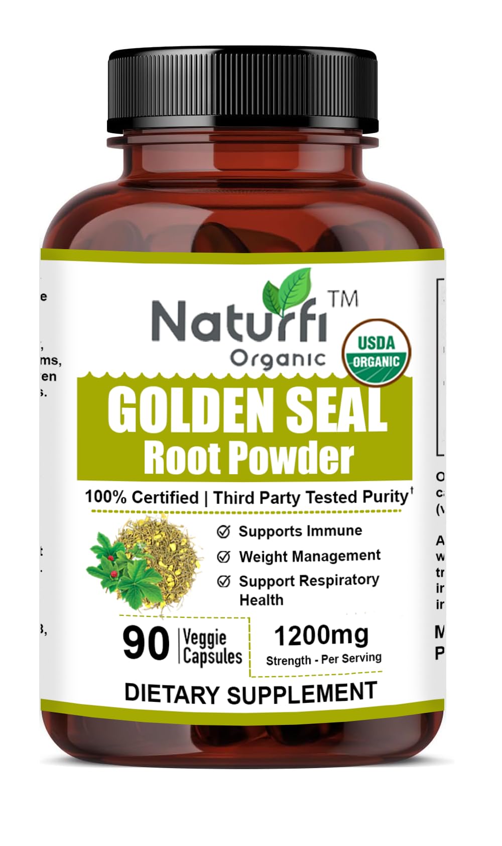Vue rapprochée des capsules de racine de goldenseal Naturfi Organic