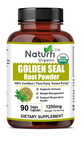 Vue rapprochée des capsules de racine de goldenseal Naturfi Organic