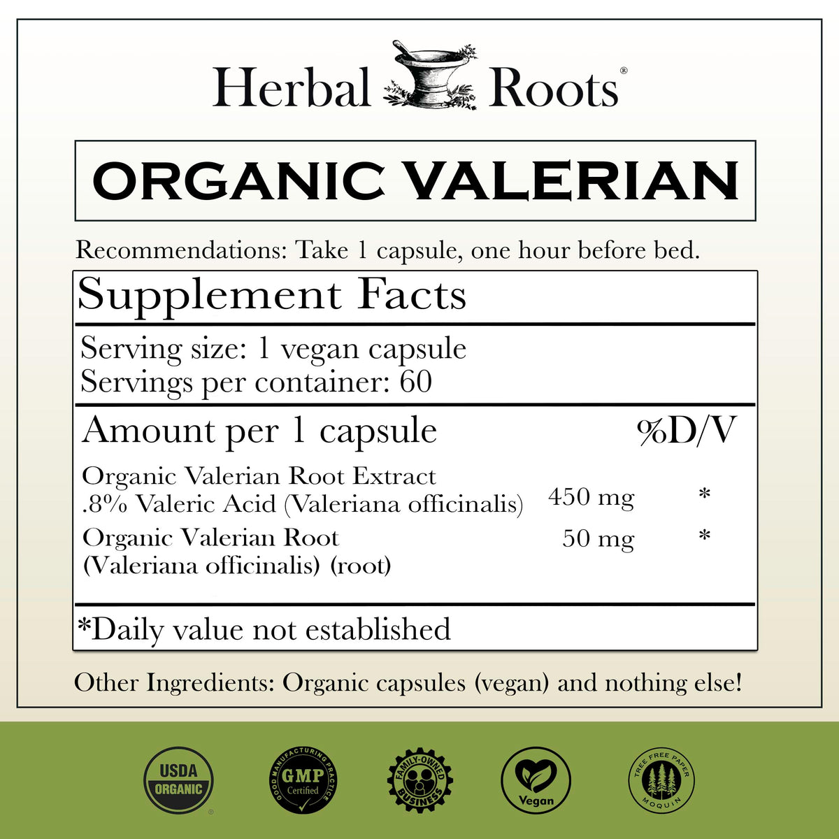 Vue rapprochée des capsules de racine de valériane bio Herbal Roots