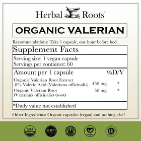 Vue rapprochée des capsules de racine de valériane bio Herbal Roots