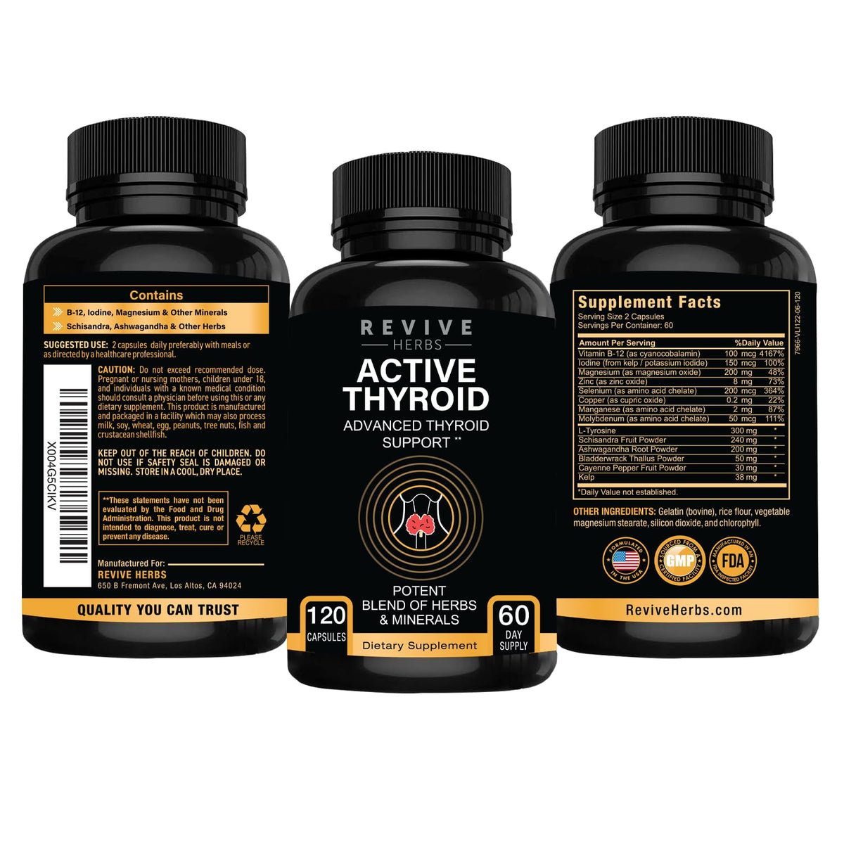 Vue rapprochée des capsules de Revive Herbs Soutien Thyroïdien