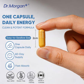 Vue rapprochée des capsules DR.MORGAN PQQ 25mg et CoQ10 100mg