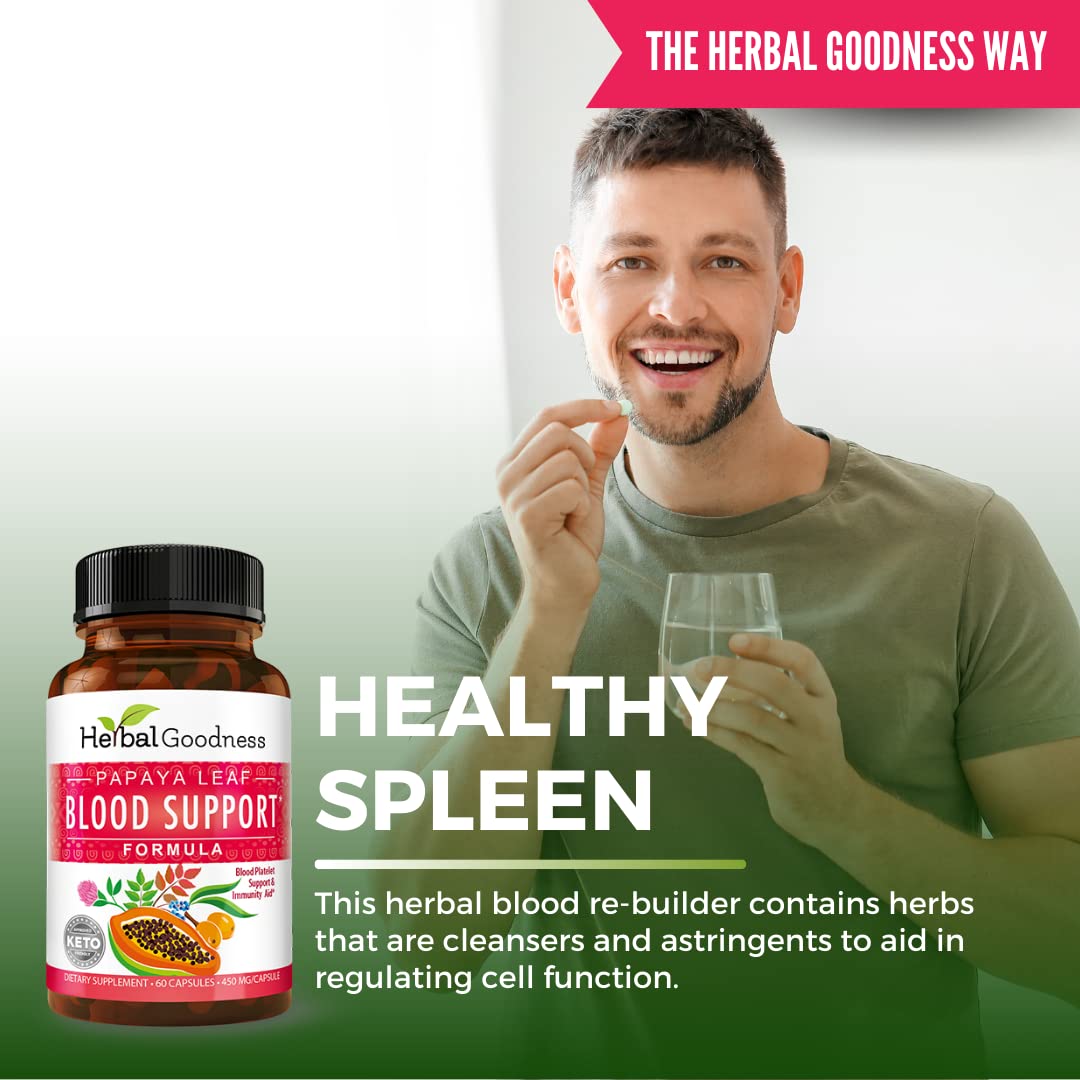 Vue rapprochée des capsules Herbal Goodness de soutien sanguin à la feuille de papaye
