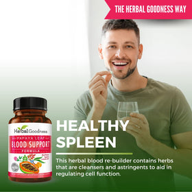 Vue rapprochée des capsules Herbal Goodness de soutien sanguin à la feuille de papaye