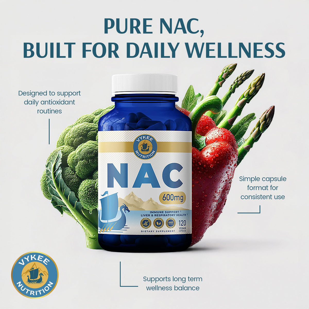 Vue rapprochée des capsules NAC Vykee Nutrition