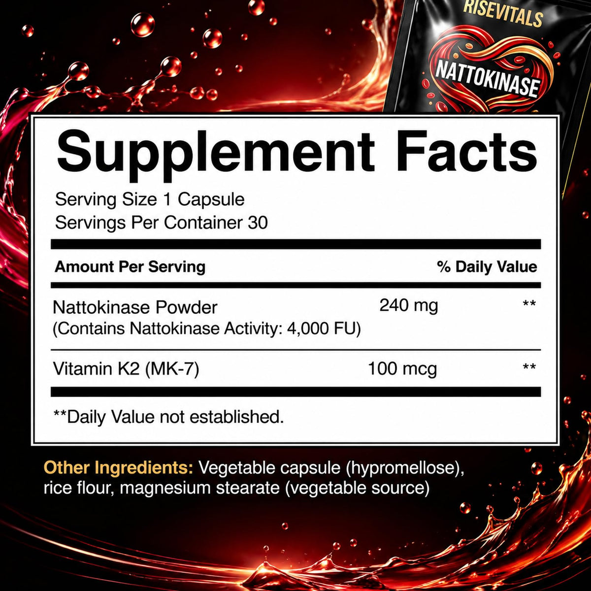 Vue rapprochée des capsules Nattokinase de Rise Vitals
