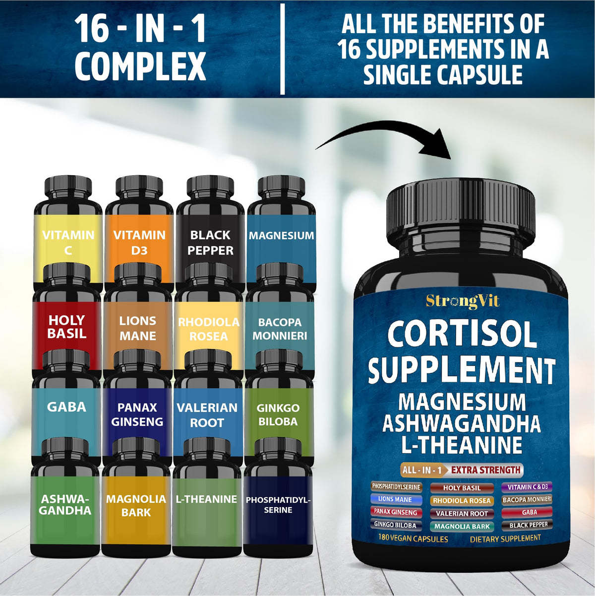 Vue rapprochée des capsules StrongVit Cortisol