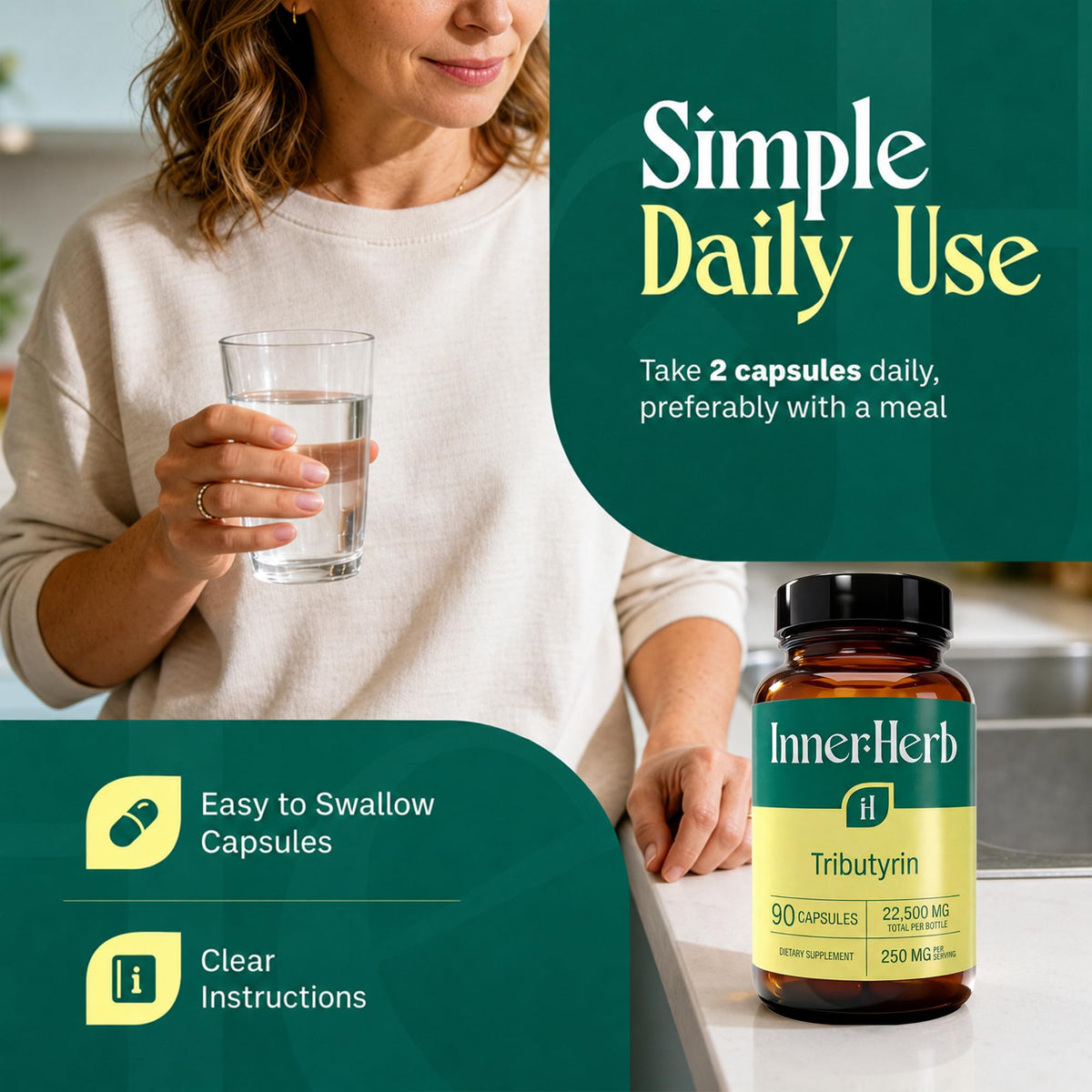 Vue rapprochée des capsules vegan InnerHerb Tributyrin