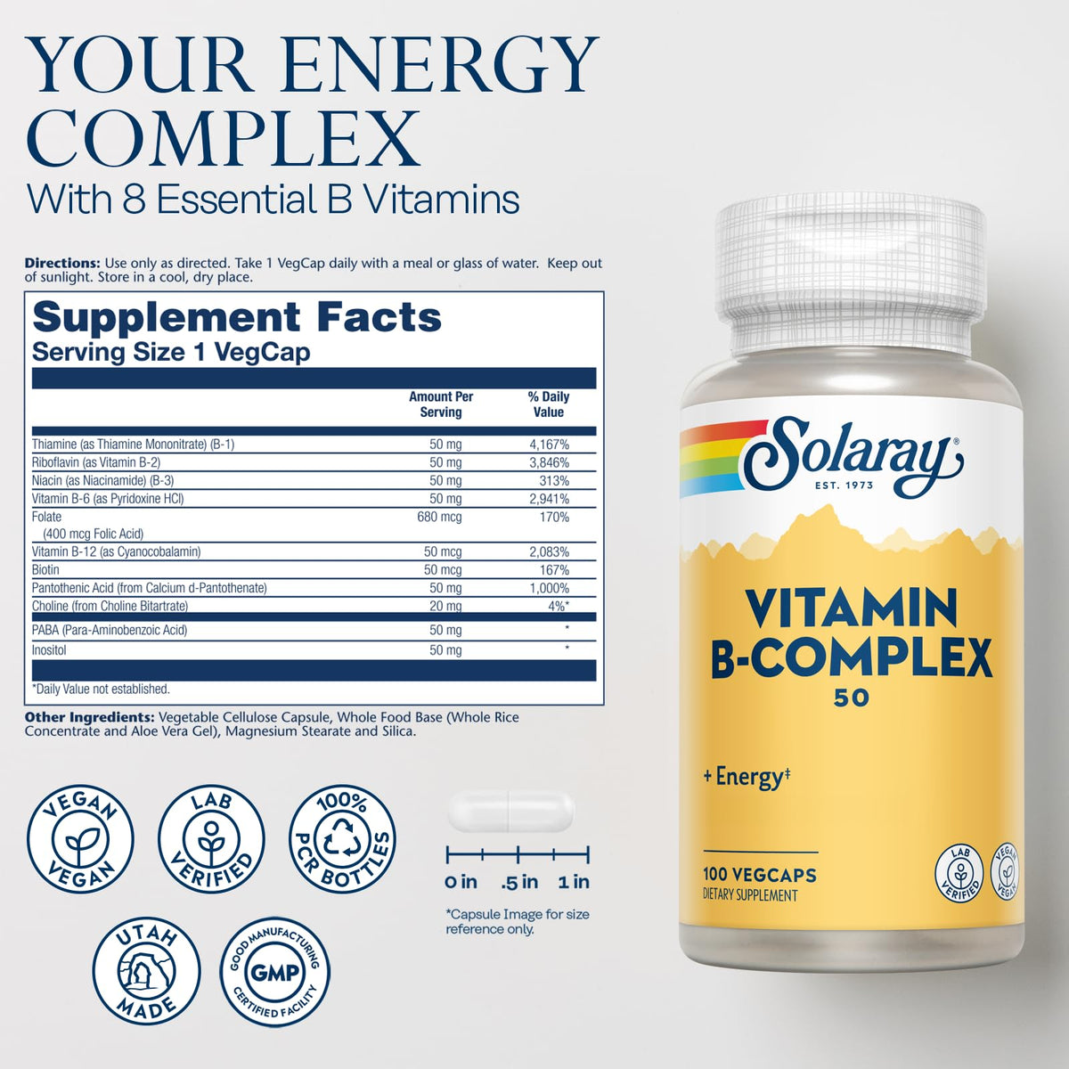 Vue rapprochée des capsules végétales SOLARAY Complexe de Vitamines B