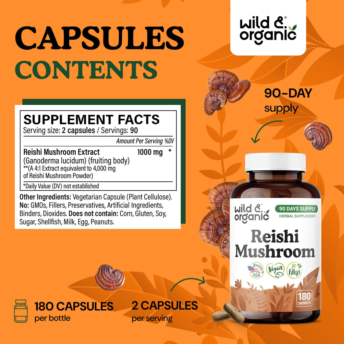 Vue rapprochée des capsules Wild & Organic de champignon Reishi