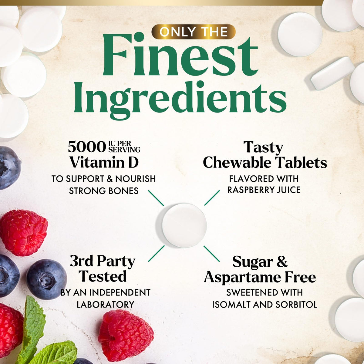 Vue rapprochée des comprimés à mâcher Nature's Nutrition Vitamine D3 5000 IU