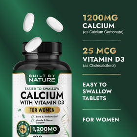 Vue rapprochée des comprimés de calcium 1200mg Built by Nature
