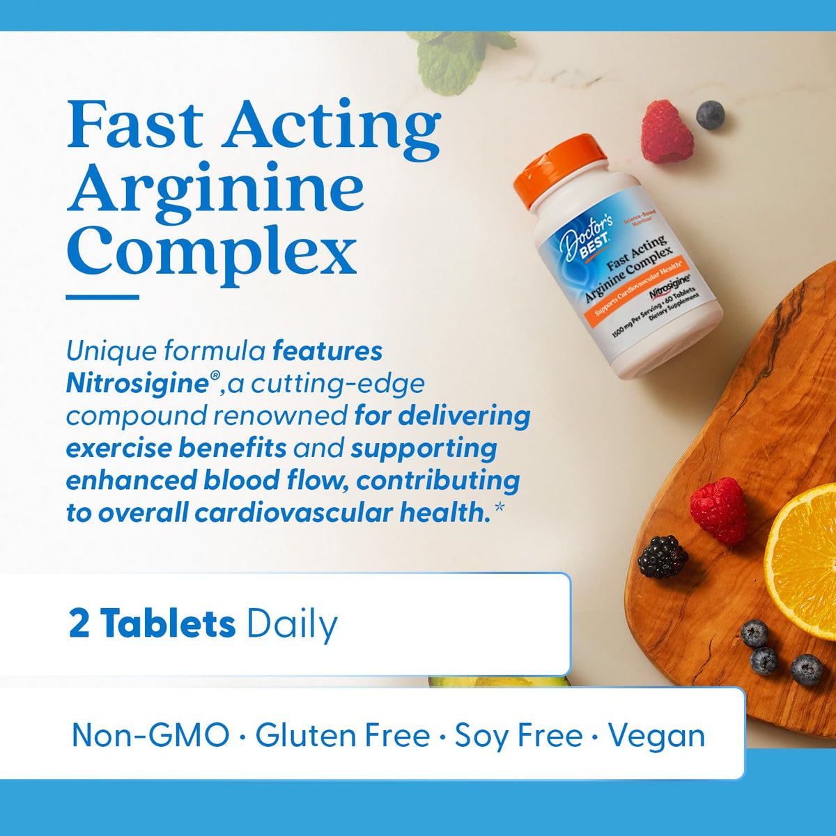 Vue rapprochée des comprimés de Doctor's BEST Complexe Arginine