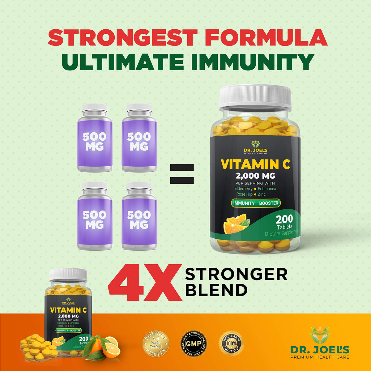 Vue rapprochée des comprimés de Dr. JOEL'S Vitamine C 2000 mg
